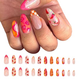Tavvke 24 Pcs French Tip Press On Nails, Medium Almond Fake Nails with Colorful Fruit Swirl Floral Designs, Full Cover Nail for Women and Girls