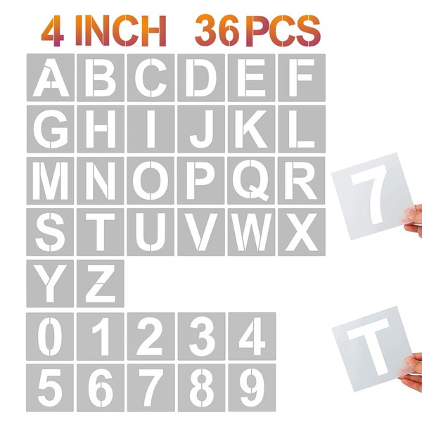 4 Inch Letter Stencils and Numbers, 36 Pcs Alphabet Art Craft Stencils, Reusable Plastic Art Craft Stencils for Wood, Wall, Fabric, Rock, Chalkboard, Signage, DIY School Art Projects (4 Inch)