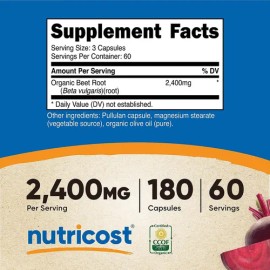 Nutricost Beet Root | Raíz de Remolacha Orgánica | 180 Cápsulas | 2400mg por Porción | Energía + Circulación + Antioxidantes | Sin Sabor