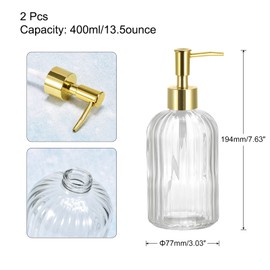 uxcell Soap Dispensers Set - 2 Pack 13.5Oz Glass Dish Hand Soap Dispenser with Golden Pump for Kitchen Bathroom, Clear