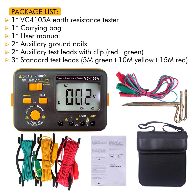 SKYCENX VC4105A Earth Resistance Tester Digital Grounding Resistance Meter 20/200/2000Ω