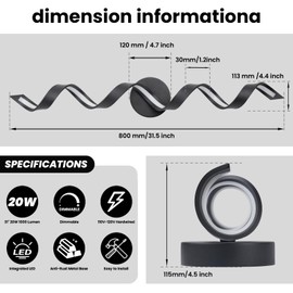 PHIXART Dimmable LED Bathroom Vanity Light, 31 inch Matte Black Bathroom Lighting Fixtures Over Mirror, Spiral Design Bathroom Light Fixture for Bedroom Living Room 20W