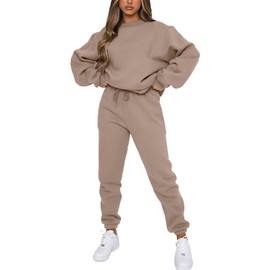 amropi Women's Pullover Tracksuit Fleece Sweatshirt Jogging Pants 2 Pieces Sweatsuits Brown, XXL