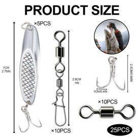 25 Piece High Performance Spinners for Saltwater and Freshwater, Bass Lures for Sea Fishing UK, Durable Metal Fishing Spoons with Treble Hooks