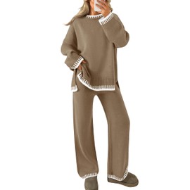 ZESICA Womens 2024 Fall 2 Piece Outfits Sweater Sets Long Sleeve Pullover Tops Wide Leg Pants Lounge Set,Khaki,Medium