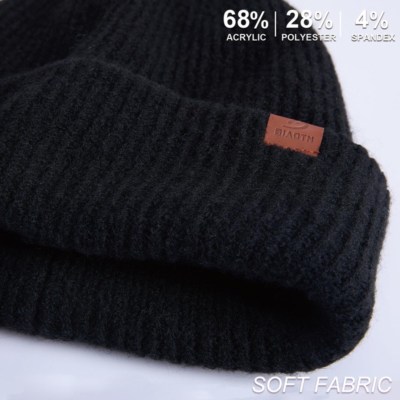 Black Beanie for Men Guys Large Head, Knitted Winter Hat