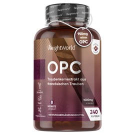 WeightWorld OPC Traubenkernextrakt - 240 Stücke - 1000mg Extrakt je Kapsel - 8 Monate Vorrat - 95% reines OPC - Oligomeric Proanthocyanidins - Aus französischen Weintrauben - WeightWorld