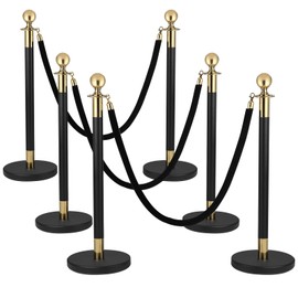 Berverra 6PCS Black-Gold Stanchion Set, Queue Pole with 5 feet Black Velvet Rope, Crowd Control Barriers, Stainless Steel Stanchions Suitable for Theaters, Party, Exhibition Center, Ticket Office