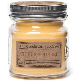 Eco Candle Co. Mason Jar Candle, Citrus Squeeze, 8 oz. - Scents of Orange, Tangerine, Grapefruit, Lemon, & Lime - 100% Soy Wax, No Lead, Kraft Label & Antiqued Pewter Lid, Hand Made, Midwest Soybeans
