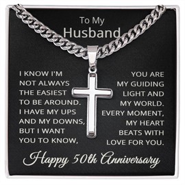 50th Anniversary Necklace for Husband 50 Years Anniversary Jewelry for Him Men Cuban Link Chain with Cross Pendant Standard Box