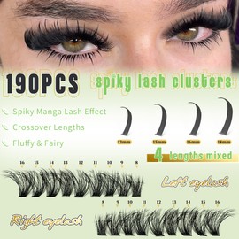 Yaiseiko Lash Clusters with Spike Manga Lash Clusters Kit Spiky Lash Extension Individual Lashes Cluster Eyelash Extensions Left and Right Eye Manga Lashes Clusters Wispy Eyelash Clusters Kit(80D,8-16MM)
