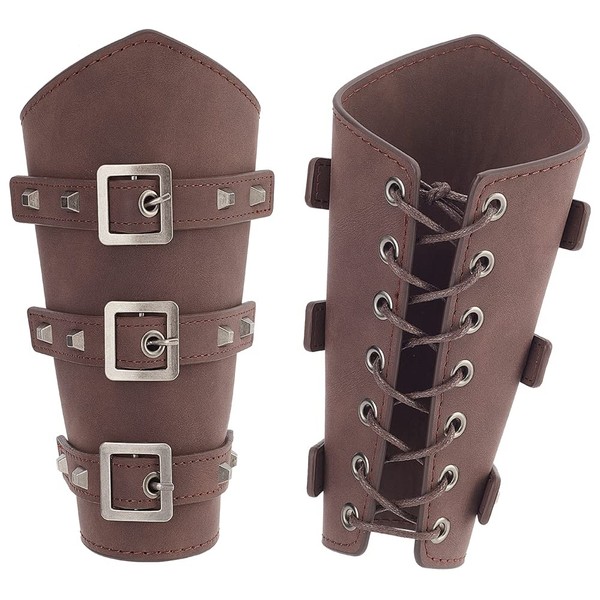 NBEADS 2 Set Adults Faux Leather Arm Guards, 19.5x23.8x1.5cm Medieval Leather Buckle Bracers Wrist Band Buckle Wide Bracer for Halloween Decor Punk Cosplay Costumes, Coconut Brown