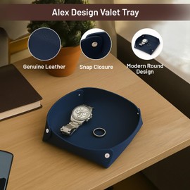 Bey-Berk Alex Genuine Leather Valet Tray, Navy - Lay Flat Design, Decorative Catch-All Organizer for Accessories & Keys