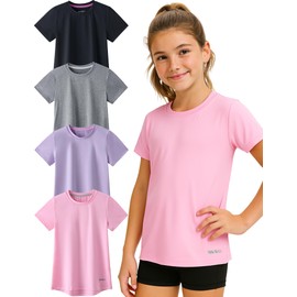 4 Pack: Youth Girls Athletic Shirts, Short Sleeve Dry Fit Apparel Tech Tshirts, Sports Activewear for Kids Teens (Set 8, Medium)
