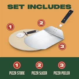 Concord 3 Piece Pizza Stone, Pizza Peel, Pizza Cutter, with Cordierite Heatwell Technology (Pizza set)