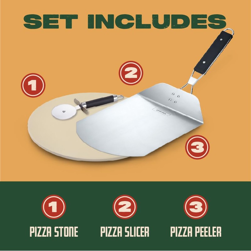 Concord 3 Piece Pizza Stone, Pizza Peel, Pizza Cutter, with
