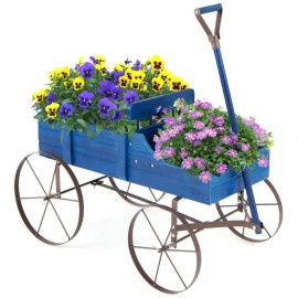Wooden Wagon Plant Bed with Metal Wheels for Garden Yard Patio Flower Pots & Planterscolor: Blue Color
