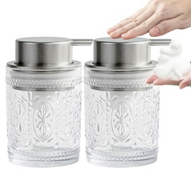 Glass Foaming Soap Dispenser Set - 2 Pack Foam Hand Soap Dispenser for Bathroom, Clear Hand Wash Dispenser Bottle with Matte Silver Pump for Kitchen, 8 Oz Refillable Dish Liquid Foam Dispenser 2 Pcs