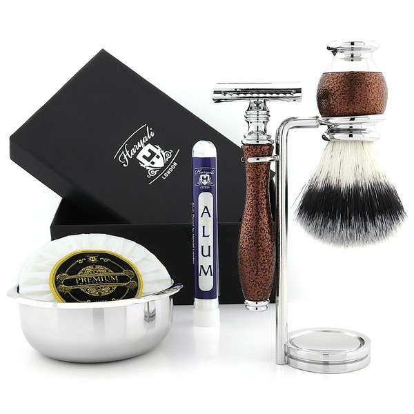 Classic Mens Grooming 5 Piece Shaving Set with Synthetic Brush & Safety Razor