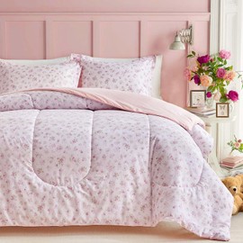 Joyreap 3pcs Floral Cotton Comforter Set for Girls, Flowers Purple n Pink Design, Queen Size Soft n Cozy Kids Bedding Comforter for All Season- 88x88 inches