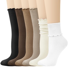Justay 6 Pairs Womens Ruffle Socks Soft Cute Frilly Long Socks Casual Knit Cotton Crew Socks for Women Gifts