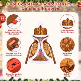 Christmas Reindeer Dog Costume Christmas Outfits with Colorful Light Dog Reindeer Cape Moose Cloak Cosplay Costume for Small Puppy Cat Kitten Christmas Party Dress, Batteries Not Included(Small)