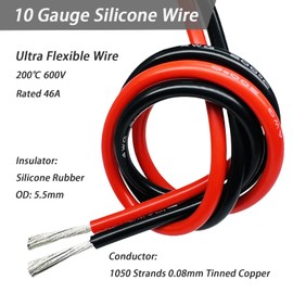 Dastard 10 Gauge Silicone Copper Wire 50ft, Red & Black Each 25ft/Spool, Ultra Flexible 10 AWG Stranded Automotive Wire, Primary 10AWG High Temperature Battery Wire 200℃ 600V