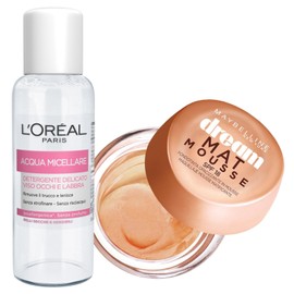 Maybelline New York Dream Mat Mousee Mattierende Grundierung LSF 18 Farbe 40 Fawn für Mischhaut oder fettige Haut + Micellar-Wasser mildes Reinigungsmittel für Gesicht Augen und Lippen Reiseformat 30