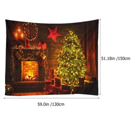 PRETYZOOM 150x130cm Christmas Tapestry Fireplace Xmas Tree Polyester Wall Hanging Carpet Christmas Party Photo Backdrop Livingroom Bedroom Decoration