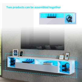 DlandHome Floating TV Stand with LED Light, 39.3’’ Wall-Mounted Media Console, Floating Shelf for Under TV Wall Mount with Storage Shelf for Bedroom Living Room, White