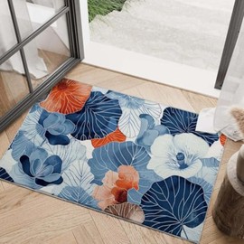 2x3 Entryway Rug Boho Navy Blue Orange Botanical Leaf Floral Area Rug Thin Soft Small Carpet Bathroom Non Slip Indoor Entrance Low Pile Door Mat Kitchen Stain Resistant Washable Machine