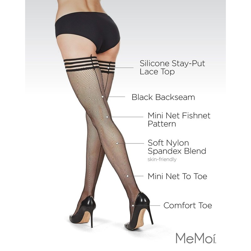 MeMoi Women's Backseam Fishnet Thigh High Stockings Black/Black Medium/Large