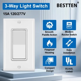BESTTEN 4 Pack 3-Way Decorator Light Switch with Wallplate, 15A 120/277V, On/Off Rocker Paddle Interrupter, Electrical Wall Light Switches, Single Pole or Three Way, UL Listed, White