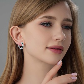 Rectangle Austrian Crystal Baguette Huggie Hoop Earrings for Women Men 14K White Gold Plated Hypoallergenic Trendy Jewelry (Emerald Green Crystal/Silver Tone)