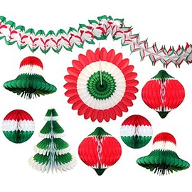 9-Piece Large Christmas Themed Honeycomb Tissue Paper Party Decoration Kit (Bells, Balls, Fan, Tree, Garland, Ornament)