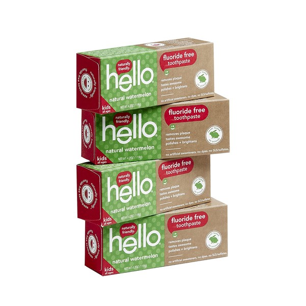 Hello Oral Care Kids Fluoride Free Toothpaste for 3 Months+, Gluten Free and SLS Free, Natural Watermelon, 4 Count