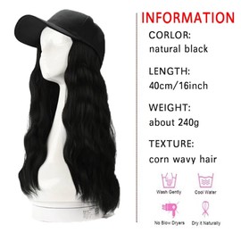 LaLuLoLi Natural Black Wig with Black Baseball Cap 16 Inch Synthetic Hair Extensions Hat Curly Wavy Corn Body Wave Hairpiece Hats with Hair Hat and Wig for Women Girl Lady