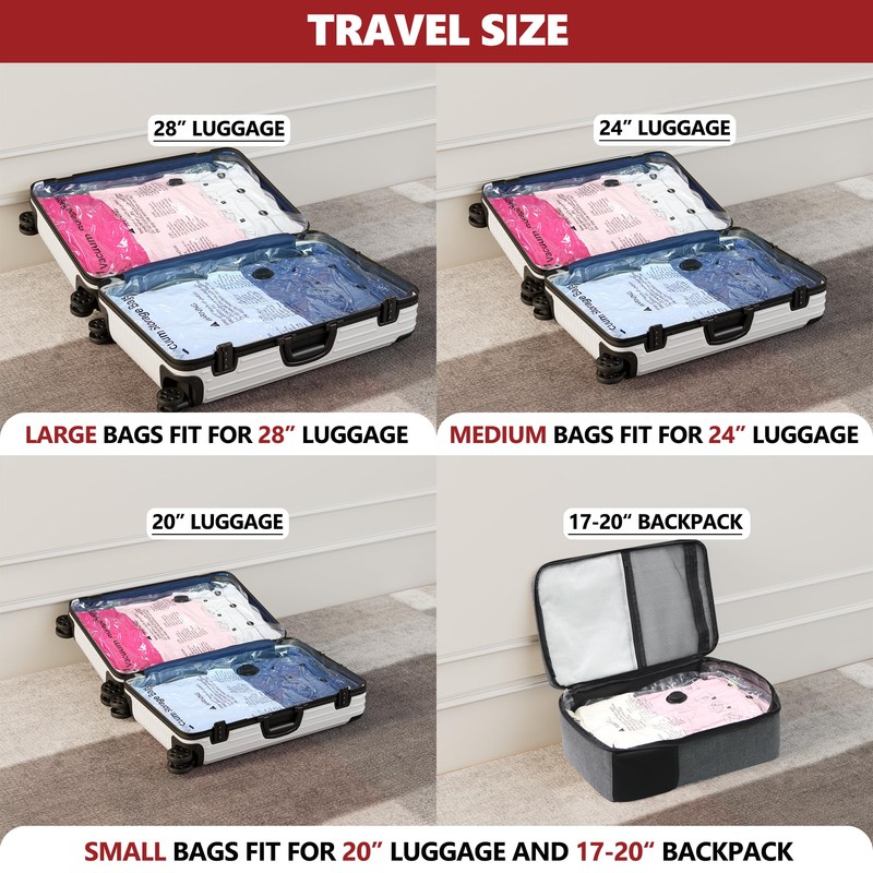 Vacuum Bags for Travel with Rechargeable Pump, 8 Large Compression