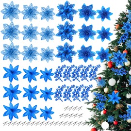 Zeyune 36 Pcs Christmas Poinsettia Artificial Flowers Decorations Glitter Poinsettia with Clips for Christmas Tree Ornaments Xmas Holiday Wedding Garland Party Decor 6 Inch 4 Inch 3 Inch (Royal Blue)