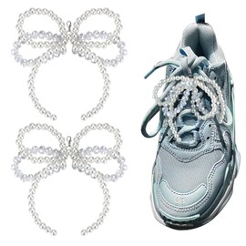 ZLSPTK 2Pcs Pearl Crystal Bow Shoe Charms for Sneakers Clip on Bowknot Shoe Lace Charms Shoe Decoration Charms for Women Girls Pearl Chain Shoe Charms Lobster Clasp DIY Pearl Bead Shoe Accessories