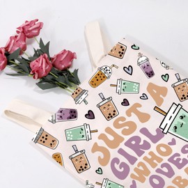 MEIKIUP Bubble Tea Canvas Tote Bag Milk Tea Lover Kawaii Foodie Gift Just a Girl Who Loves Bubble Tea Gift for Women (CA Boba Tea tote bag)