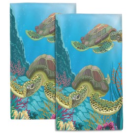 SAYOUZ Cartoon Sea Turtles Swimming Undersea 2 Pack Hand Towels for Bathroom, Highly Absorbent Soft Hanging Kitchen Dish Towel Spa Gym Towels for Home Decor & Gift Idea,14"X28"