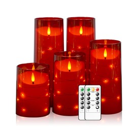 Flameless Candles,with Embedded Star String, with Remote Control and Timer, Suitable for Weddings, Parties, Festivals and Other Occasions to Create Atmosphere ，Set of 5 (D 3"×H 4" 5" 6" 8" 8") (Red)