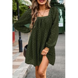 VintageClothing Spring Babydoll Dresses for Women 2024 Casual Summer Square Neck Mini Dress Long Sleeve Flowy Short Dress, S Army Green