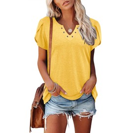 onlypuff Womens Summer Shirts and Tops Yellow Casual Short Sleeve V Neck Shirts Tunic Top to Wear with Leggings 2024 L