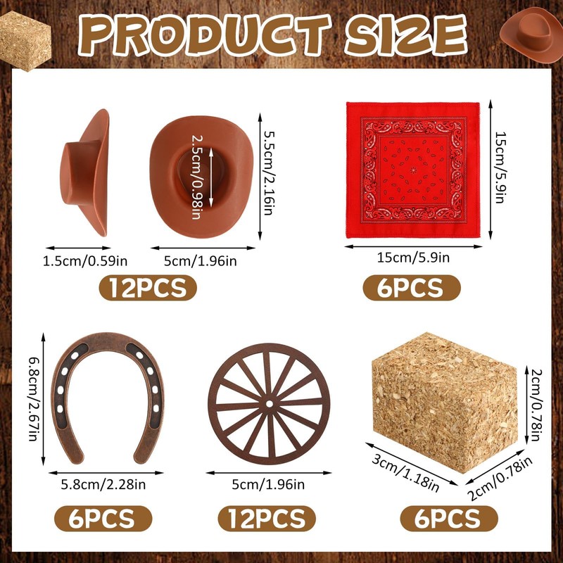 42 Pcs Western Mini Hay Bale Cowboy Hats Horseshoes Bandanas