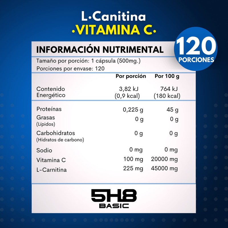 5H8 Nutrition L-Carnitina + Vitamina C | 120 Cápsulas |