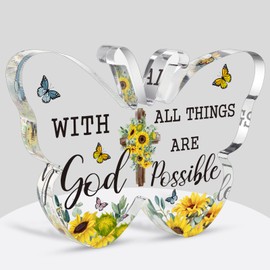 Barydat Acrylic Christian Gifts Bible Verses Religious Gifts for Women Men Inspirational Scripture Gifts Butterfly Prayer Room Decor Faith Keepsake Paperweights for Christmas Home (with God)