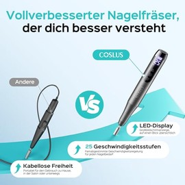 COSLUS C51 Wireless Portable Electric Nail Cutter: Electric Nail File for Gel Nails 35000rpm Nail Drill with LED Display & 25 Speeds for Nails & Acrylic Nails Portable for Travel, Grey