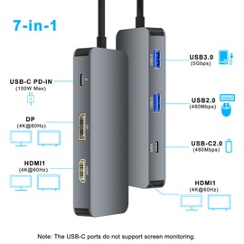 Docking Station Dual Monitor for Dell/HP/Mac, 7 in 1 Laptop Docking Station 3 Monitors with 2 HDMI 4K@60Hz/Displayport/3 USB/100W PD, Dual Monitor Adapter, Dual HDMI Adapter for 2 Monitors, USB C Hub